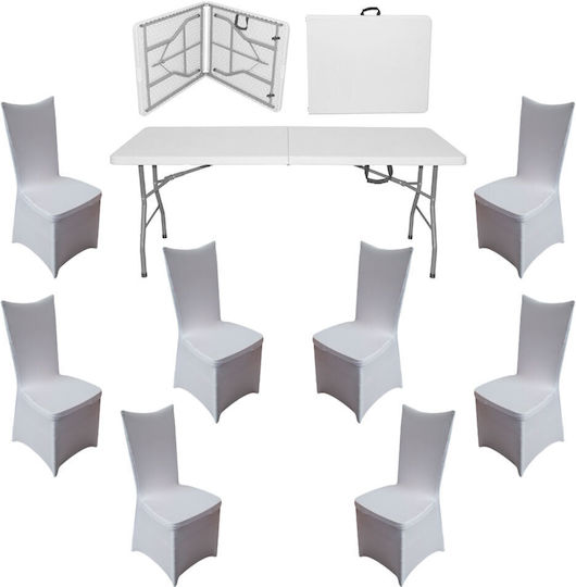 Set De Mobilier Pentru Catering Eveniment Raki Masă Pliabilă Dreptunghiulară Tip Valiză 180x76xh73.5cm 8 Scaune 44x42xh92cm Huse Textile Plastic Metal Alb