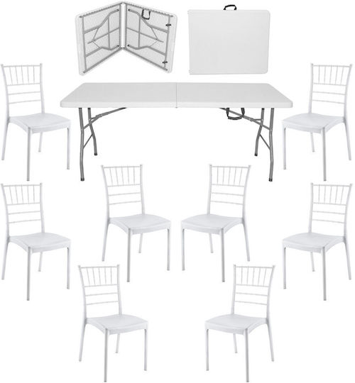 Set De Mobilier Pentru Catering Eveniment Raki Masă Valiză Pliabilă Dreptunghiulară 180x76xh73.5cm 8 Scaune 44x42xh92cm Plastic Metal Alb