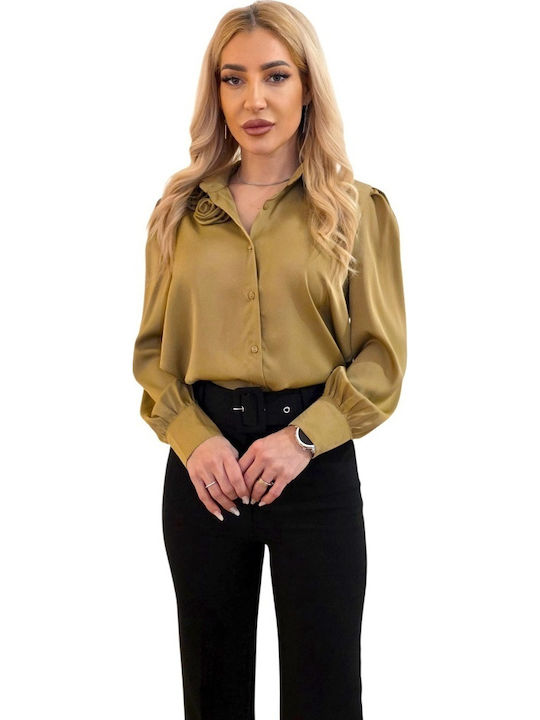 Langärmeliges Damen Seidiges Hemd Olive Grüne Blumen Muster
