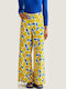 Women's High Rise Fabric Trousers in Wide Leg Style White/lemon