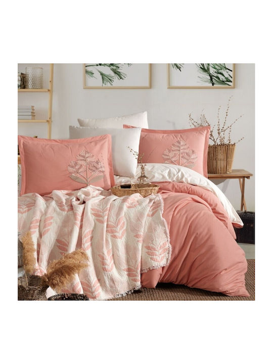 Clasy Home Set Huse Pentru Pilote 100% Bumbac 200x220cm Dublă Cu 4 Fețe De Pernă & 1 Cearceaf Portocalii