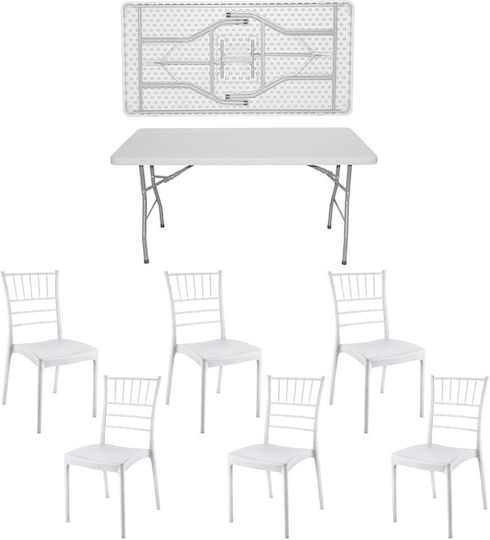 Set Mobilier Catering Eveniment Raki Masă Pliabilă Dreptunghiulară 152x76xh73.5cm Blat Complet 6 Scaune 44x42xh92cm Plastic Metal Alb