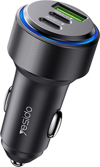 Yesido Încărcător Auto Cu Mufă De Brichetă 60W Încărcare Rapidă Cu Porturi 1xUSB-A 2xUSB-C Culoare Neagră