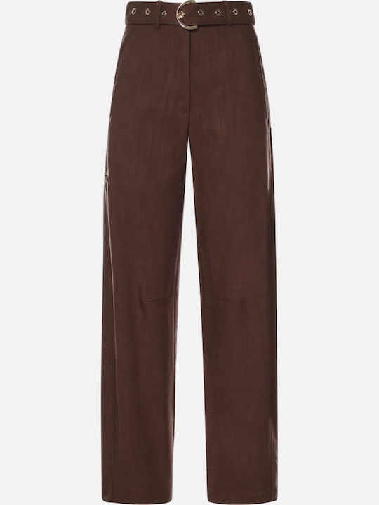 Pinko Women's Linen Trousers Straight Brown