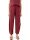 Women's High Rise Fabric Trousers with Rubber Band in Balloon Leg Style Red