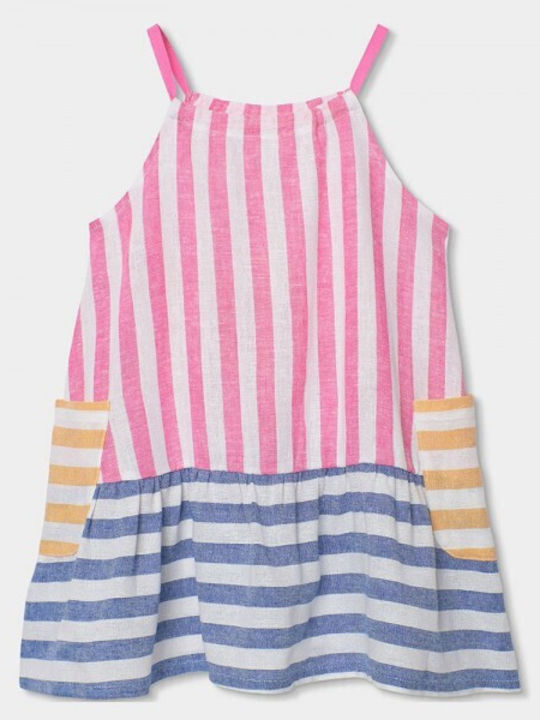 Girls Dress Sleeveless Linen Striped Fuchsia