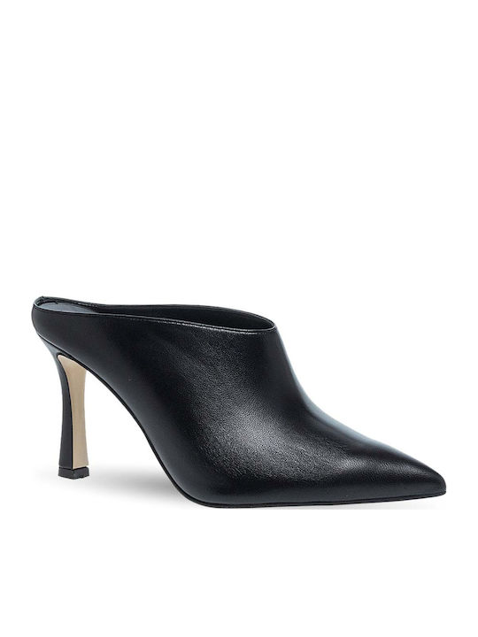 Leather Mules with Thin Heel in Black Colour