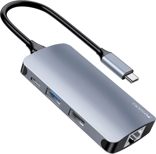 Docking Station Usb-c La Usb 3.0 Sd Tf Rj45 100mbps Pd 80w Aliaj De Aluminiu Yesido Gri
