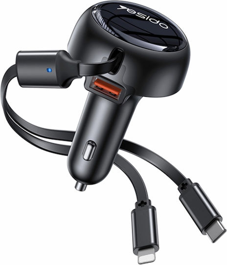 Yesido Автомобилен Заряден Уред 53W с Едно Гнездо 1xUSB-A с Кабел Lightning / Type-C Черен Цвят