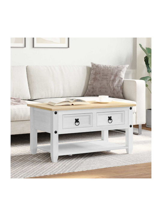 Rectangular Central Coffee Table Made of Solid Wood with Drawers White W85xD50xH45cm