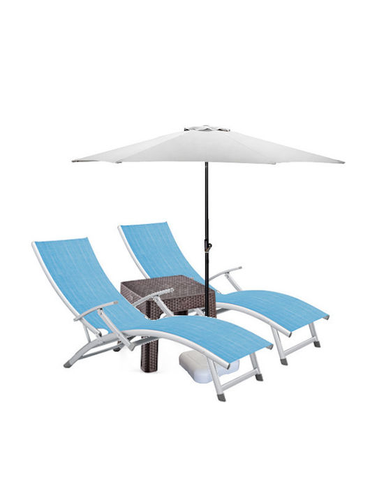 Șezlong Aluminiu Albastru Set Cu Masă 2 Buc 170x52cm