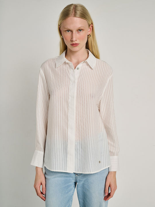 Staff Long Sleeve Women's Denim Shirt White Str...