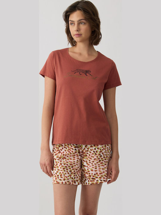 Minerva Summer Women's Cotton Pyjama Set Terracotta Animal