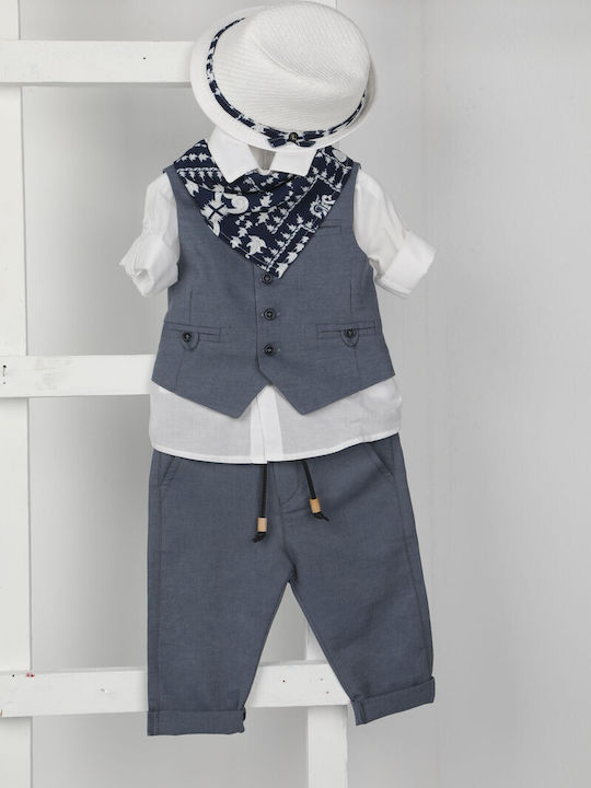 Bambolino Baptism Suit with Vest for Boy Linen Blue