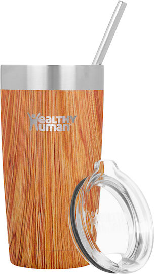 Healthy Human Recyclable Thermos Cup Stainless Steel / Plastic BPA Free 591ml Natural Wood with Straw