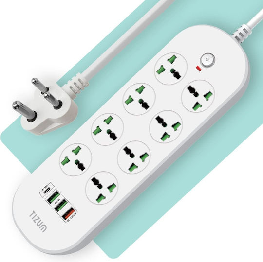 Power Strip 8 Sockets with USB-A 1 USB-C Switch and 2m Cable