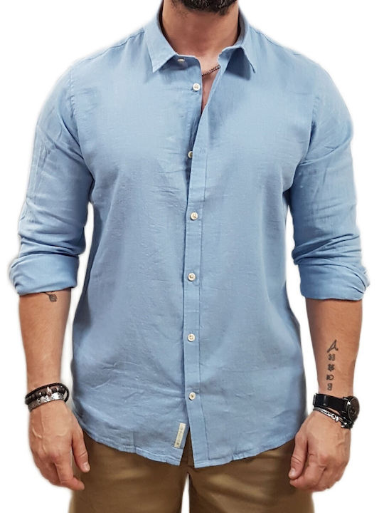 Rebase Long Sleeve Linen Shirt in Regular Fit Ciel