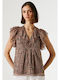 Women's Short Sleeve Blouse with V Neckline Floral Earth-Brown