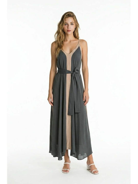 Moutaki Summer Maxi Evening Satin Dress Olive