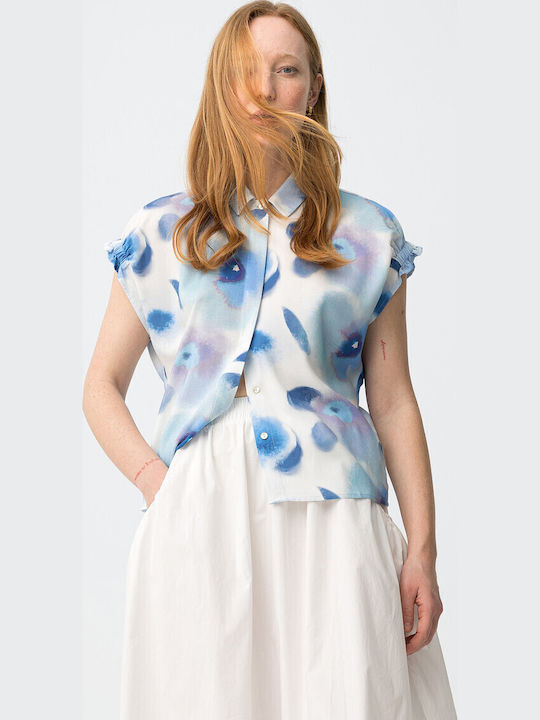 Short Sleeve Women's Shirt Blue Floral
