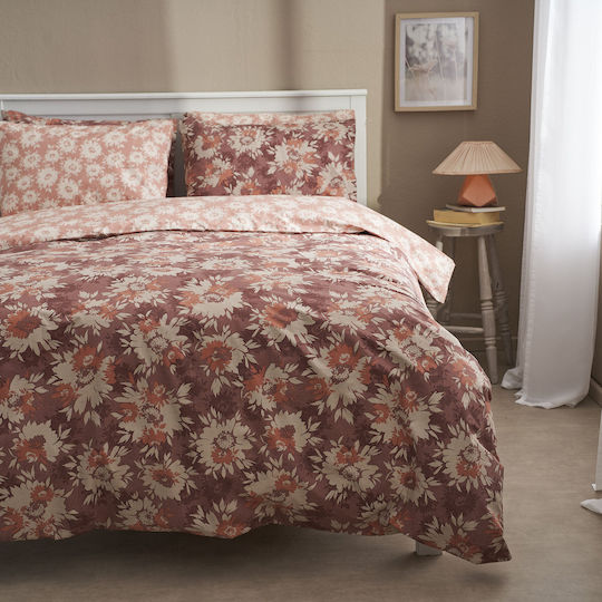 Charalambidis Textiles Χρυσάνθεμο Σετ Σεντόνια Υπέρδιπλα 220x260εκ. Κόκκινο (4τμχ)