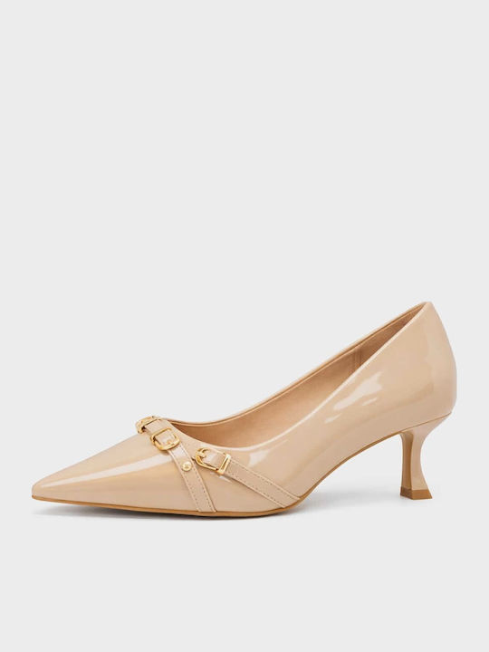 Pointed Toe Patent Leather Heels With Medium Beige Heel