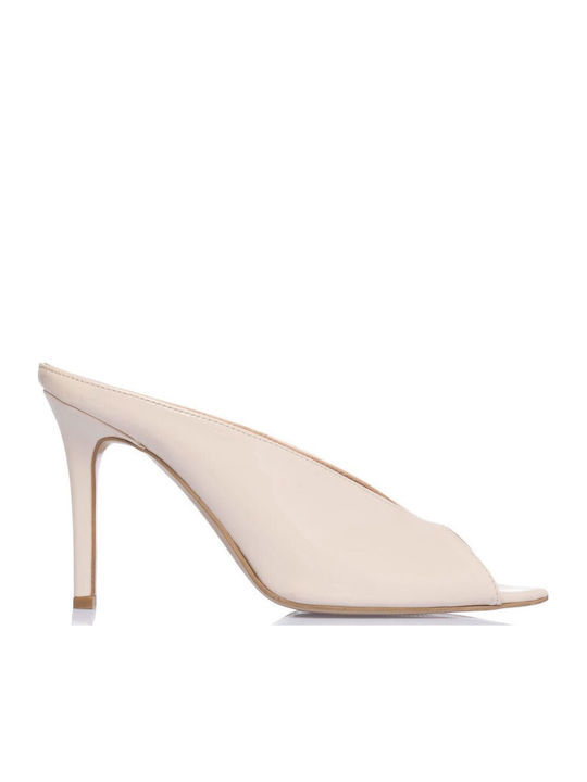 Leather Mules with Thin High Heel in White Colour