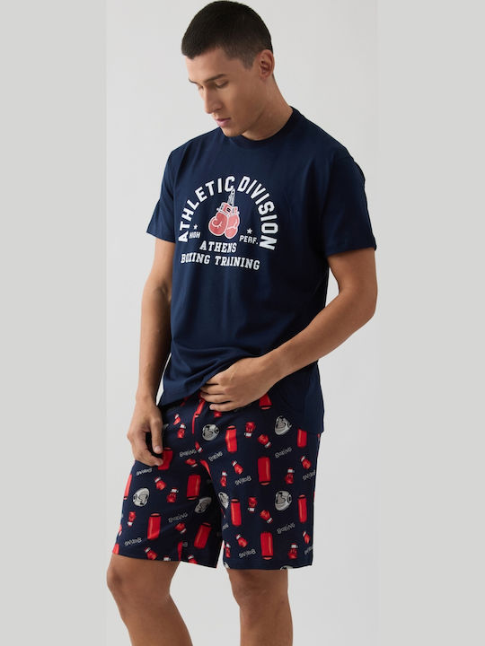 Minerva Sommer Herrenpyjama Baumwollene Marineblau