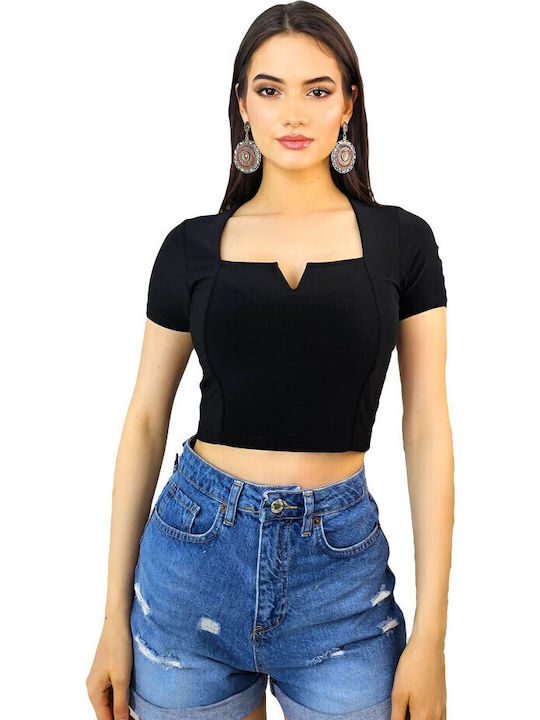 Γυναικείο Καλοκαιρινό Crop Top Βαμβακερό Κοντομάνικο Μαύρο