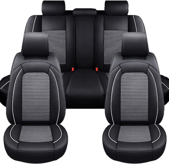 Set De Huse Scaune Auto Universal Din Țesătură Eco Piele Față Spate Negru Dungă Albă