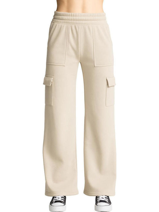 Women's Fabric Cargo Trousers with Rubber Band in Loose Fit Beige