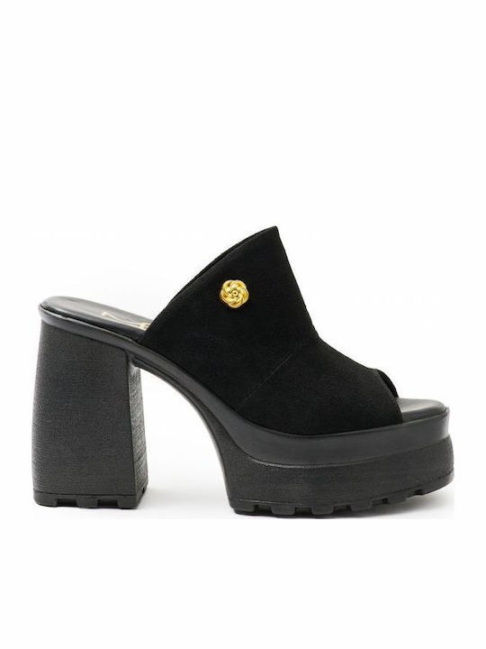 Mille Luci Suede Mules με Τακούνι σε Μαύρο Χρώμα