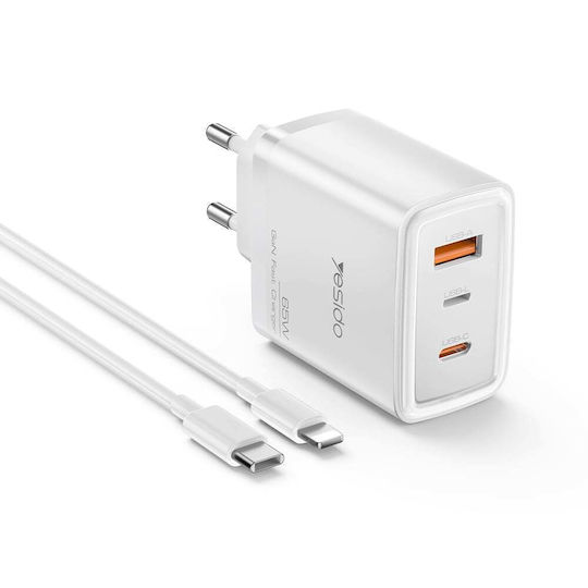 Yesido Charger with USB-A Port and 2 USB-C Ports and USB-C - Lightning Cable 65W Power Delivery White (YC70)
