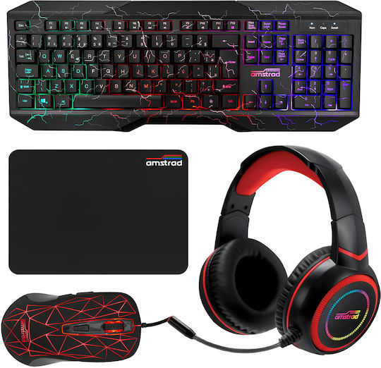 Amstrad Gamer Hunters Клавиатура и Мишка Комплект Гейминг Клавиатури с RGB Осветление Английски (САЩ) 5 Части Комплект Мишка, Подложка, Слушалки и Адаптер