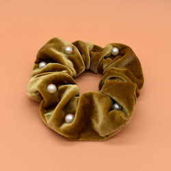Scrunchies Βελουτέ Λαστιχάκι Μαλλιών Περλίτσες Χρυσό