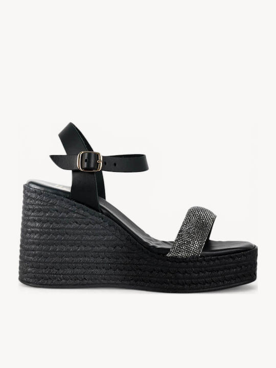 Black Leather Glitter Strap Platforms