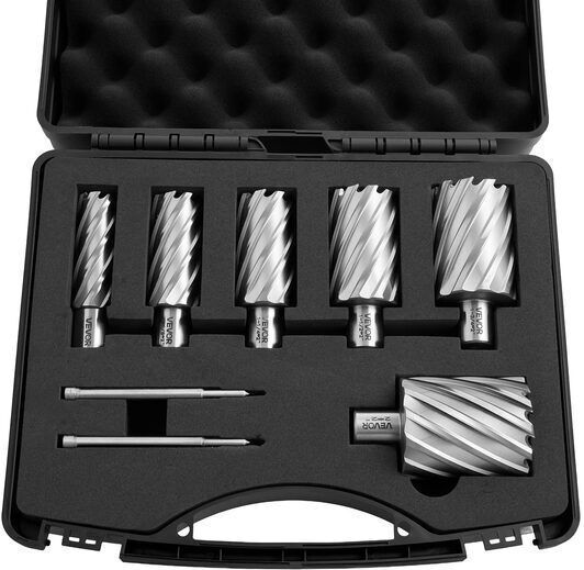 Set 8 Freze de Frezat Magnetice cu Coada Weldon Adâncime de Tăiere 50,8 Mm Diametru de Tăiere 22,22 Mm-50,8 Mm Oțel de Mare Viteză 6 Burghie 2 Pini Pilot Carcasă din Plastic