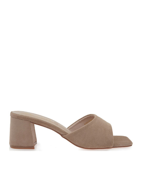 Seven Suede Mules with High Heel in Brown Colour