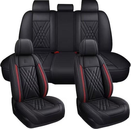 Autositzbezüge Set Universal Eco Leder Vorne Hinten Schwarz Rot Design