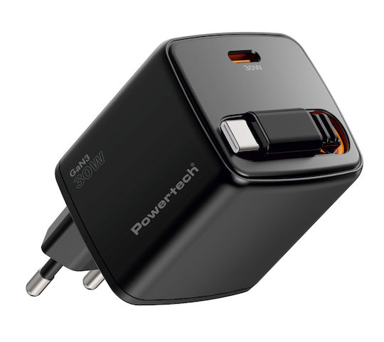 Powertech Charger with Built-in GaN Cable with USB-C Port USB-C 30W Power Delivery Quick Charge 2.0 Quick Charge 3.0 Quick Charge 4.0 Black (PT-1571)