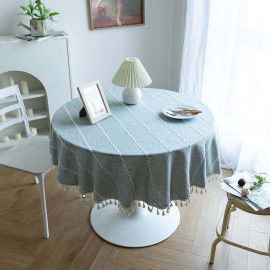 FRIPIA Round Linen Tablecloth With Gray Embroidery Φ180cm