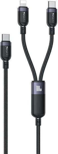 Yesido Плетен USB към Type-C / Lightning кабел Черен 1.2m