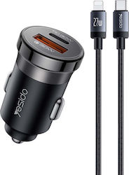 Yesido Y73 Φορτιστής Αυτοκινήτου με Θύρες 1xUSB-A 1xType-C και Καλώδιο Lightning