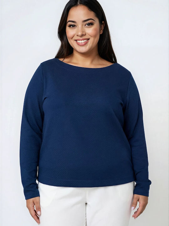 Women's Long Sleeve Blouse with Smile Neckline Blue