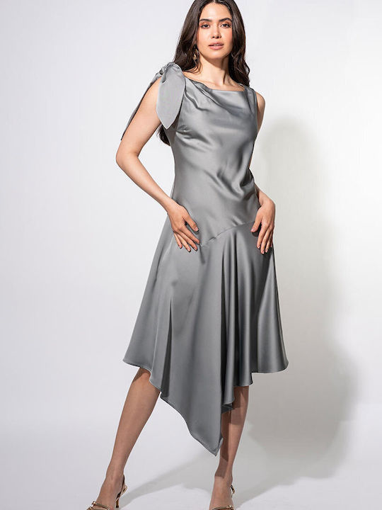 Elania Sommer Midi Abendkleid Satin Drapierung Grau