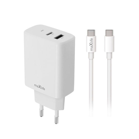 Maxlife Maxlife Handyladegerät mit USB-A und USB-C Ausgangsanschlüssen und Kabel USB-C - USB-C 20W Stromlieferung Weiß