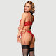 Lace Open Bust Bra And Garters With Steel Ring Red