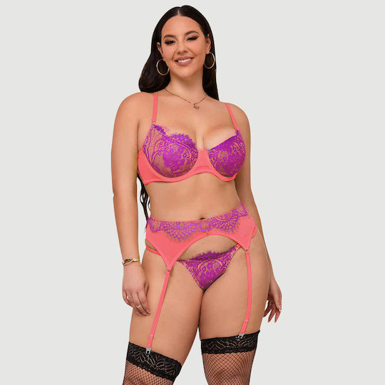Plus Size Bra & Panty Set Lace & Rose Details Rose Spliced Eyelash Lace Bra Set Pink