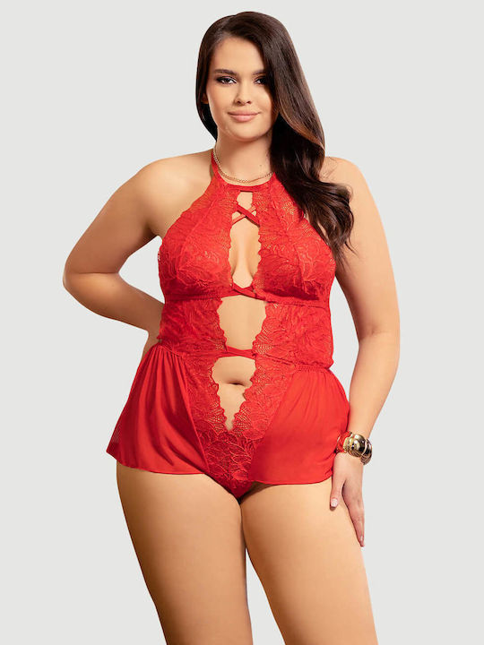 Plus Size Κορμάκι Φόρεμα Sexy Halter Backless Floral Patterns Teddy Lingerie Κόκκινο