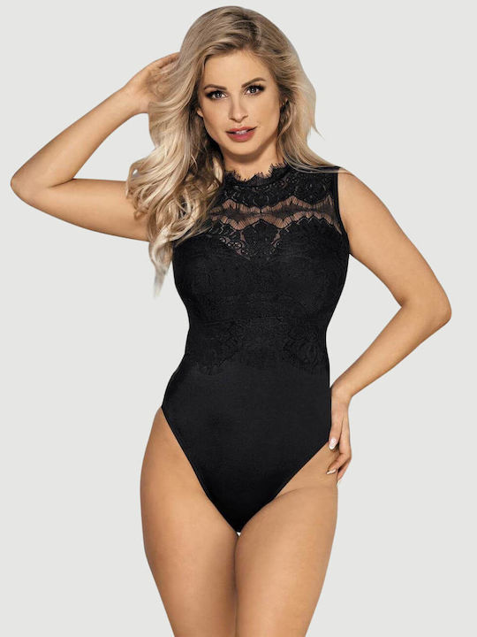 Κορμάκι Sexy Eyelash Lace Mesh Open Crotch Sleeveless Bodysuit Μαύρο